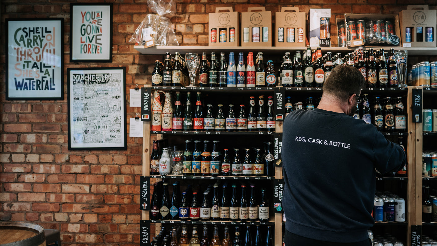 Inside the beer shop in Prestwich, Manchester. Craft beers from around the world.